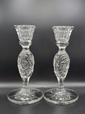 Vintage Crystal Candlestick Holders Clear Pinwheel Starburst Hobstar Pattern 2